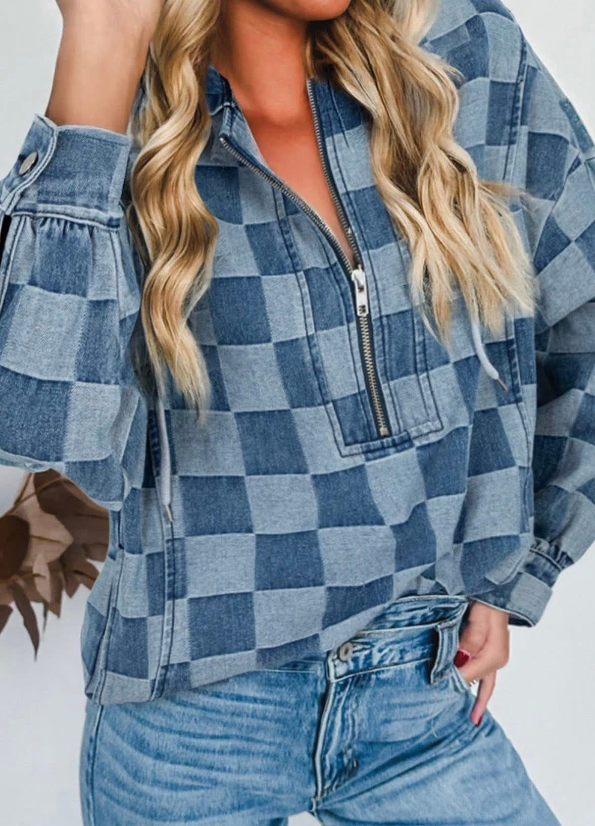 Blue Checkered Denim Hoodie