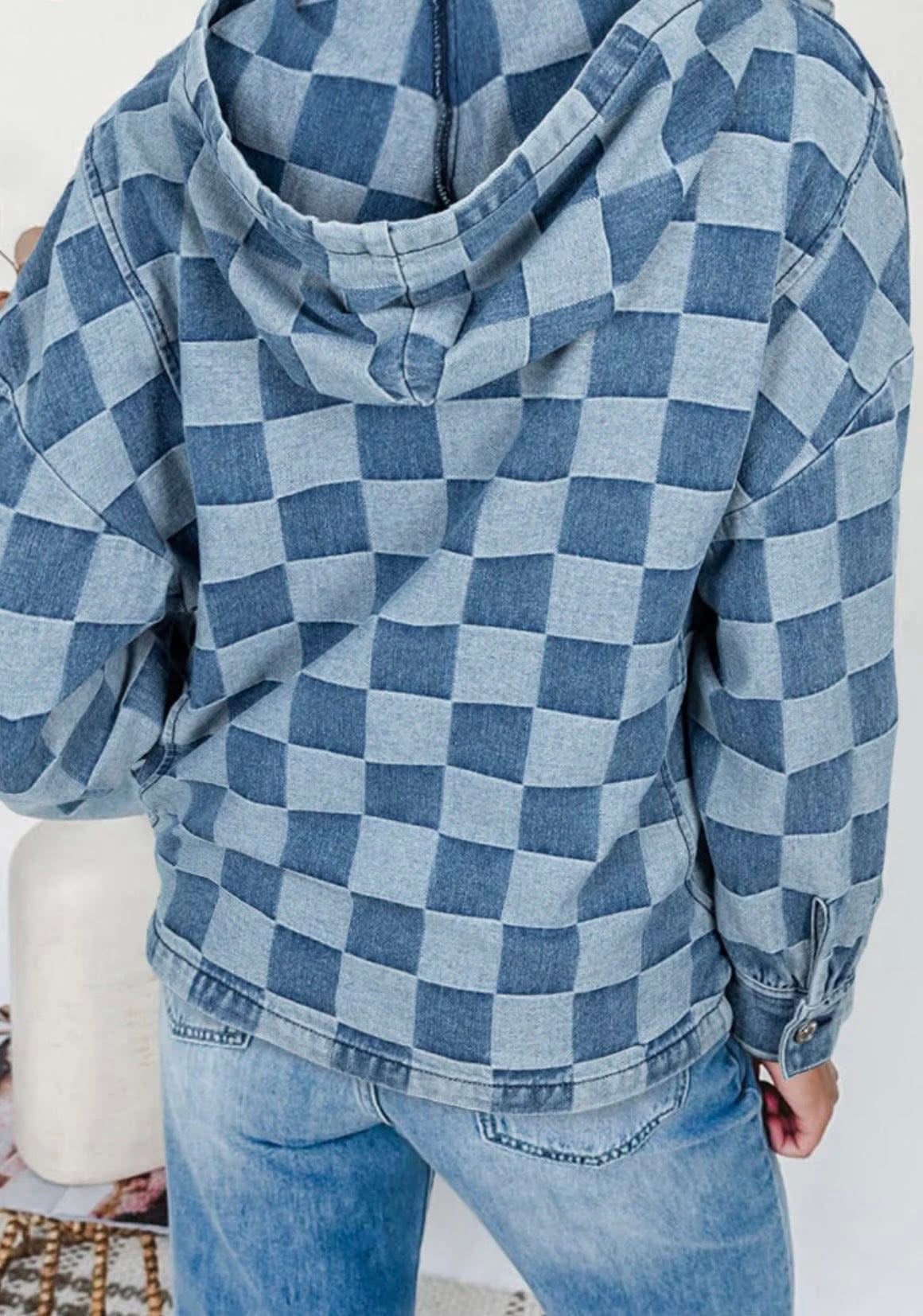 Blue Checkered Denim Hoodie