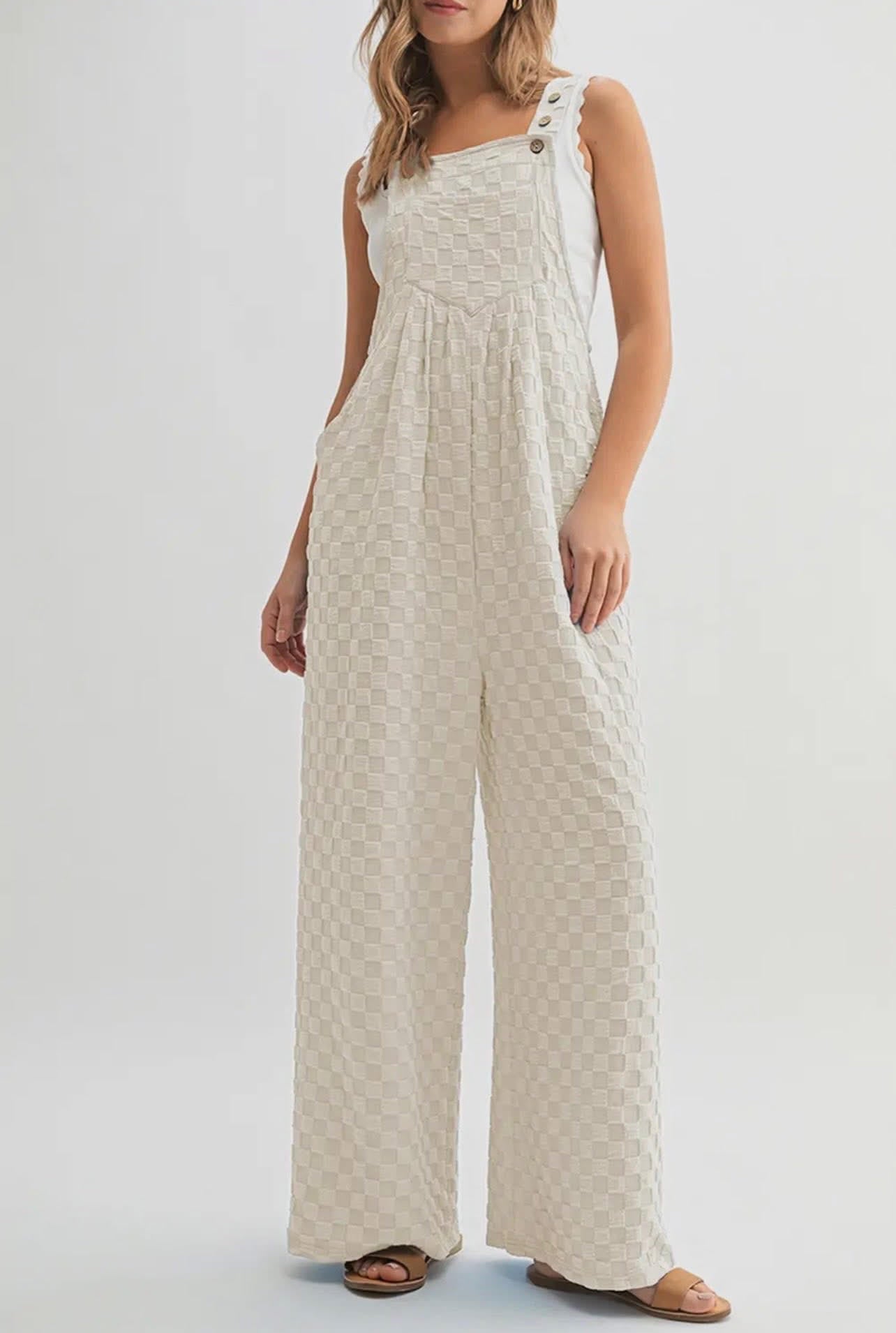 Wide Leg Checkered Jumpsuit w/Pockets