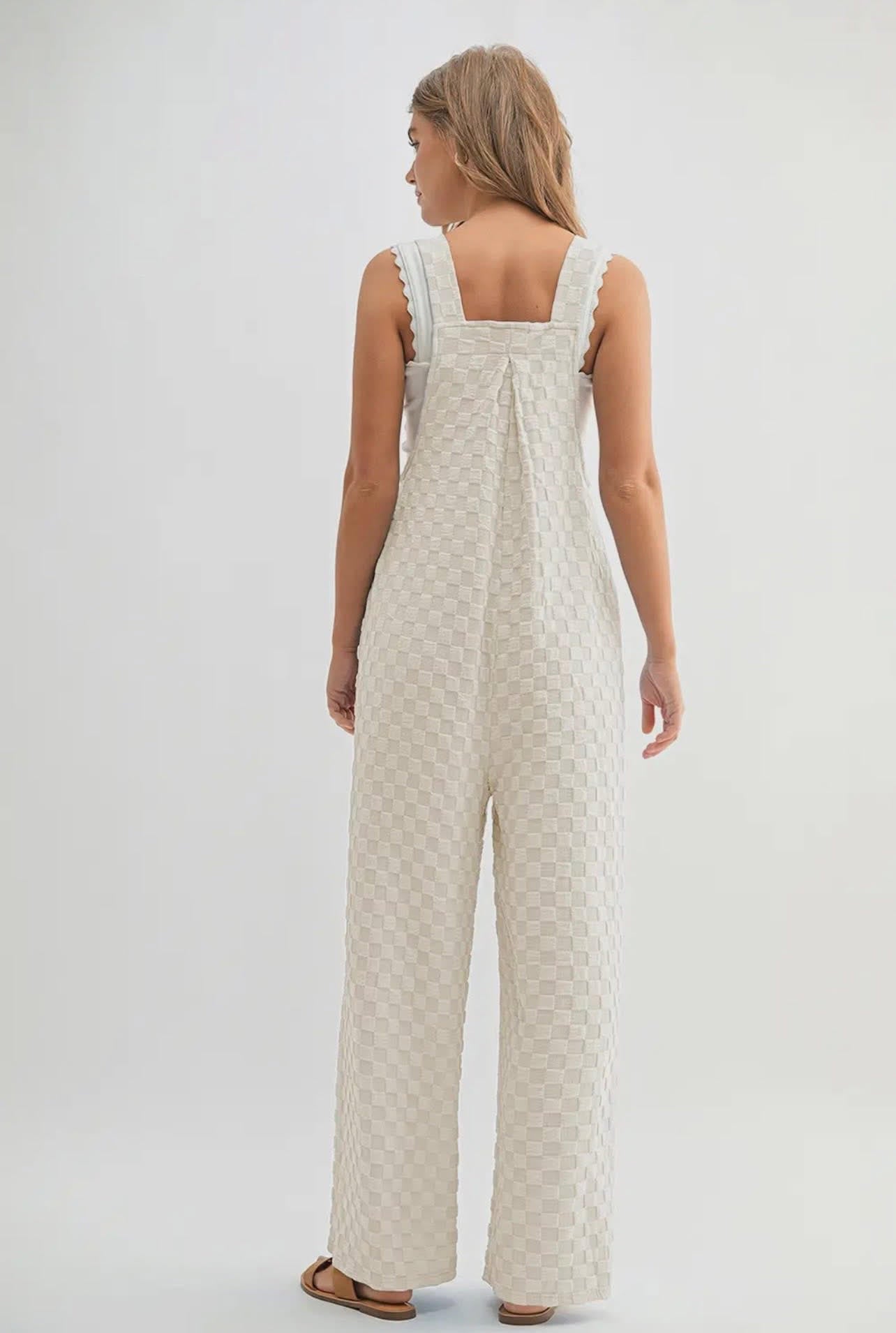 Wide Leg Checkered Jumpsuit w/Pockets
