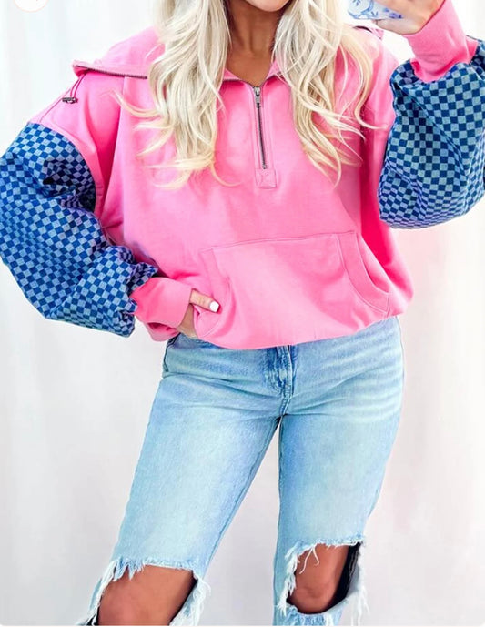 Pink Checkered Sleeve Hoodie